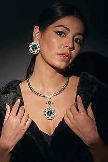 White Finish Malachite Stone & CZ Diamond Enameled Necklace In Sterling Silver