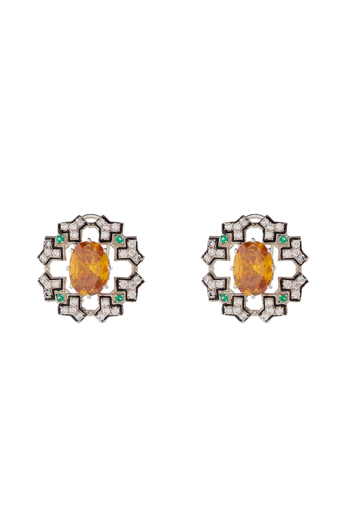 White Finish CZ Diamond & Green Quartz Enameled Stud Earrings In Sterling Silver