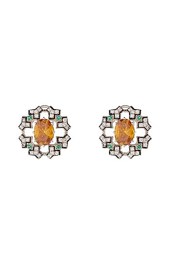 White Finish CZ Diamond & Green Quartz Enameled Stud Earrings In Sterling Silver