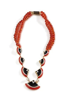 Gold Finish CZ Diamond & Coral Beaded Enameled Mala In Sterling Silver