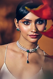 White Rhodium Finish Green Onyx & Rose Quartz Stone Choker Necklace In Sterling Silver