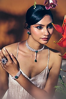 White Rhodium Finish Green Onyx & Rose Quartz Stone Choker Necklace In Sterling Silver