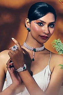 White Rhodium Finish Green Onyx & Rose Quartz Stone Choker Necklace In Sterling Silver