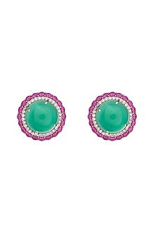 White Rhodium Finish Green Onyx & Rose Quartz Stone Stud Earrings In Sterling Silver