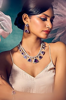 White Rhodium Finish Amethyst Stone Enameled Necklace In Sterling Silver