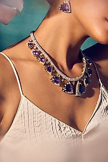 White Rhodium Finish Amethyst Stone Enameled Necklace In Sterling Silver