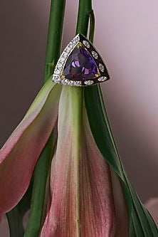 White Rhodium Finish Amethyst Stone Enameled Ring In Sterling Silver