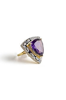 White Rhodium Finish Amethyst Stone Enameled Ring In Sterling Silver