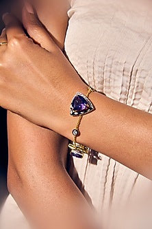 White Rhodium Finish Amethyst Stone Enameled Bracelet In Sterling Silver