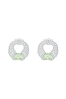 White Rhodium Finish Lemon Quartz Stone & CZ Diamond Floral Earrings In Sterling Silver