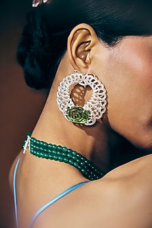 White Rhodium Finish Lemon Quartz Stone & CZ Diamond Floral Earrings In Sterling Silver