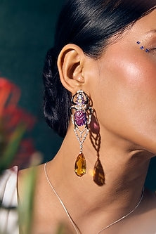 White Rhodium Finish Amethyst & Citrine Gemstone Earrings In Sterling Silver