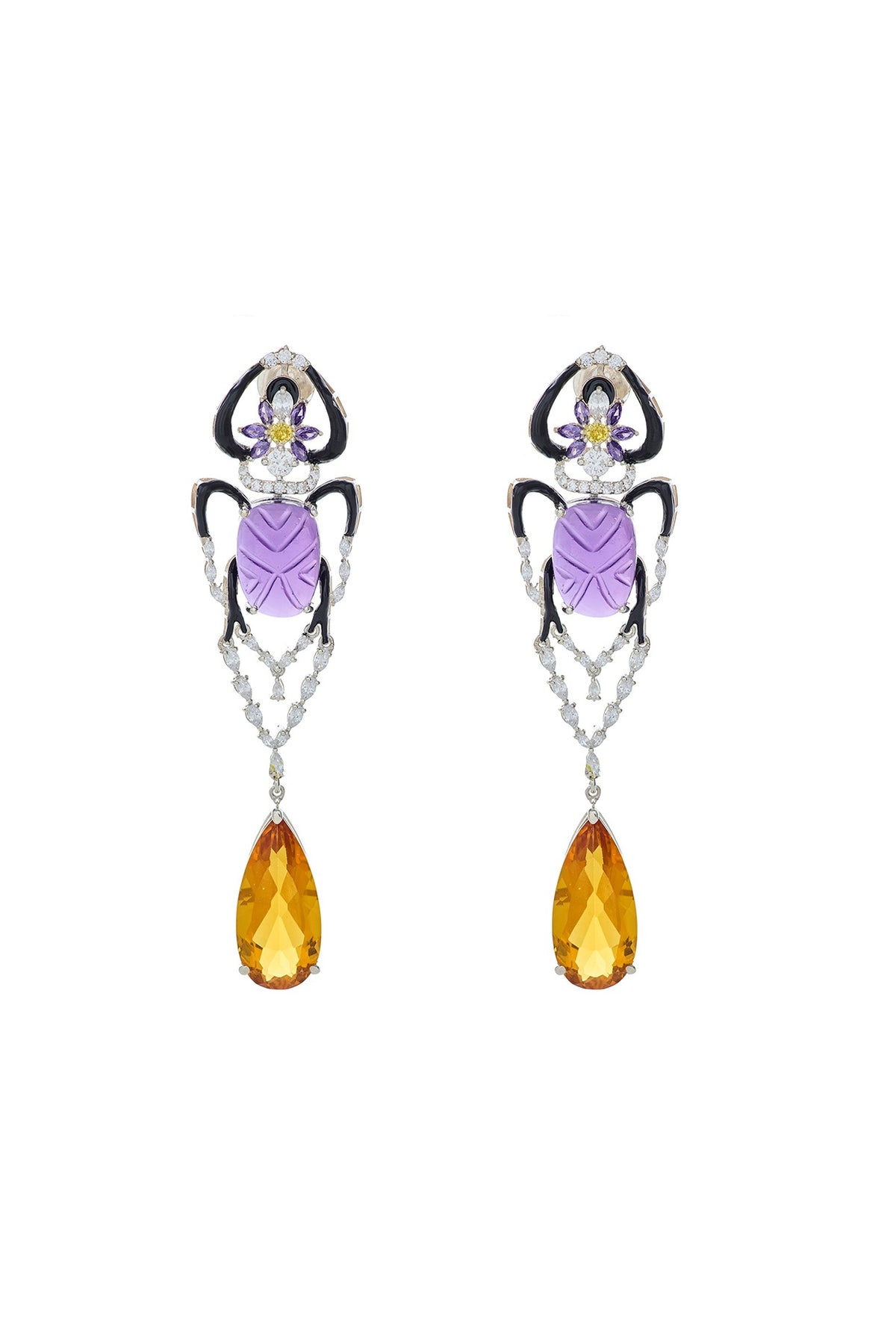 White Rhodium Finish Amethyst & Citrine Gemstone Earrings In Sterling Silver