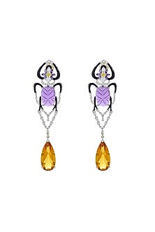 White Rhodium Finish Amethyst & Citrine Gemstone Earrings In Sterling Silver