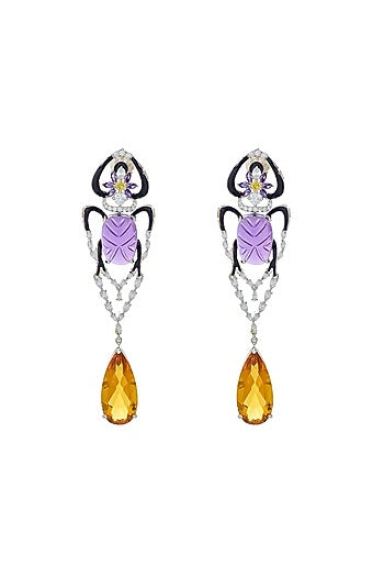 White Rhodium Finish Amethyst & Citrine Gemstone Earrings In Sterling Silver