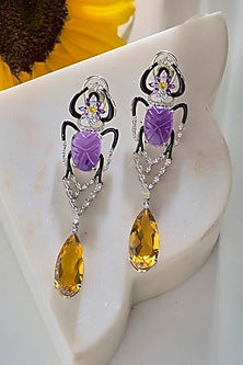 White Rhodium Finish Amethyst & Citrine Gemstone Earrings In Sterling Silver