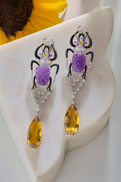 White Rhodium Finish Amethyst & Citrine Gemstone Earrings In Sterling Silver