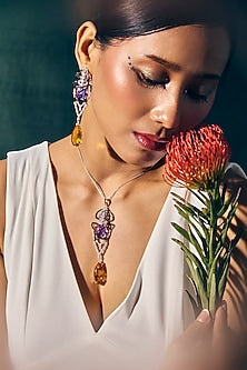 White Rhodium Finish Amethyst & Citrine Gemstone Pendant Necklace In Sterling Silver
