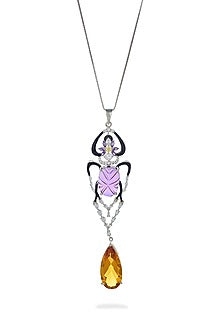 White Rhodium Finish Amethyst & Citrine Gemstone Pendant Necklace In Sterling Silver