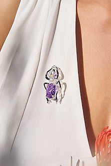 White Rhodium Finish Amethyst & Citrine Gemstone Enameled Brooch In Sterling Silver