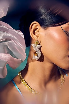 White Rhodium Finish Yellow Topaz & Citrine Gemstone Earrings In Sterling Silver