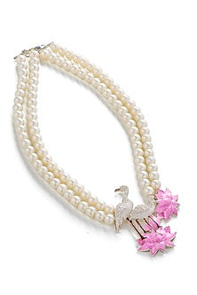White Rhodium Finish Pearl & Cubic Zirconia Necklace Set In Sterling Silver