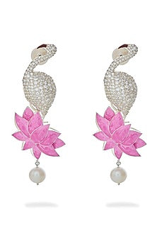 White Rhodium Finish Pearl & Cubic Zirconia Earrings In Sterling Silver