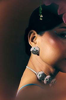 White Rhodium Finish Green Onyx & Rose Quartz Enameled Stud Earrings In Sterling Silver