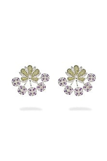 White Rhodium Finish Amethyst & Green Quartz Gemstone Earrings In Sterling Silver