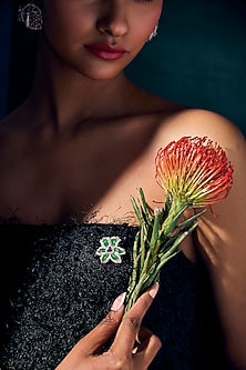 White Rhodium Finish Amethyst Gemstone Green Enameled Brooch In Sterling Silver