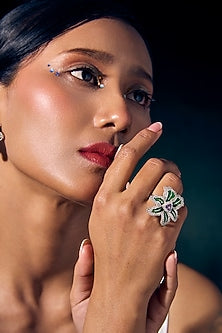 White Rhodium Finish Amethyst Gemstone Green Enameled Ring In Sterling Silver