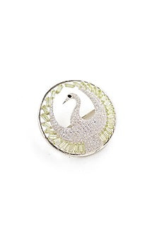 White Rhodium Finish Lemon Quartz & Cz Diamond Brooch In Sterling Silver