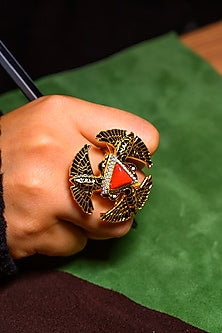 Gold Finish Coral Ring In 92.5 Sterling Silver