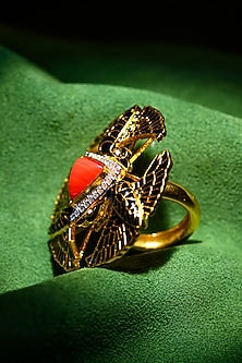 Gold Finish Coral Ring In 92.5 Sterling Silver