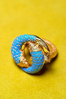 Gold Finish Blue Enamelled Ring In 92.5 Sterling Silver