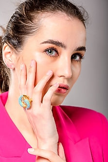Gold Finish Blue Enamelled Ring In 92.5 Sterling Silver