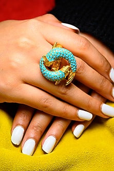 Gold Finish Blue Enamelled Ring In 92.5 Sterling Silver