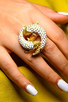 Gold Finish White Enameled Ring In 92.5 Sterling Silver
