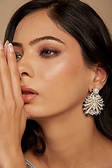 White Finish Zircon & Blue Semi-Precious Stone Dangler Earrings In Sterling Silver