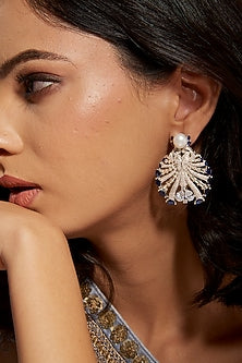 White Finish Zircon & Blue Semi-Precious Stone Dangler Earrings In Sterling Silver