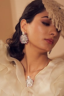 White Finish Zircon & Red Semi-Precious Stone Dangler Earrings In Sterling Silver