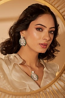 White Finish Zircon & Green Semi-Precious Stone Dangler Earrings In Sterling Silver