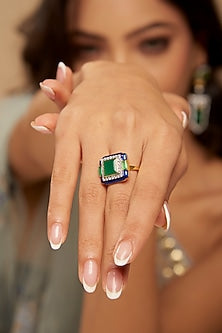 Two-Toned Finish Zircon & Green Stone Ring In Sterling Silver