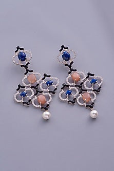 White Finish Zircon Enameled Dangler Earrings In Sterling Silver