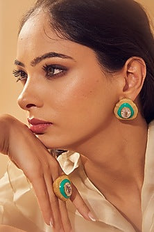 Gold Finish Zircon Green Enameled Stud Earrings In Sterling Silver