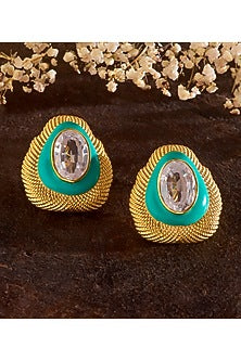 Gold Finish Zircon Green Enameled Stud Earrings In Sterling Silver