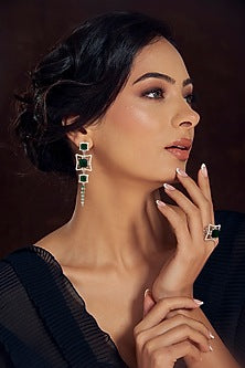 White Finish Green Stone & Zircon Dangler Earrings In Sterling Silver