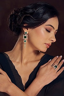 White Finish Green Stone & Zircon Ring In Sterling Silver