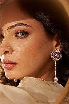 Rose Gold Finish Purple Stone & Zircon Dangler Earrings In Sterling Silver