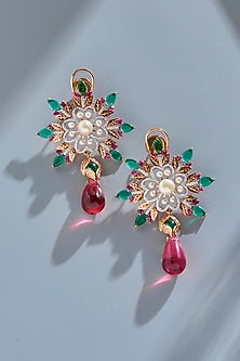Rose Gold Finish Pink Stone & Zircon Dangler Earrings In Sterling Silver